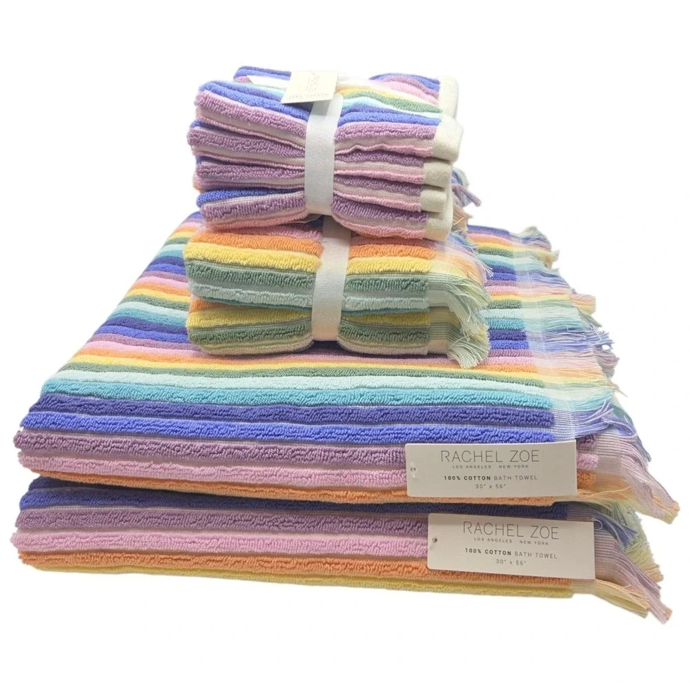 Rachel Zoe 8pc Rainbow Striped Fringe Cotton Towel Set 2 Bath 4Wash 2Hand Multi